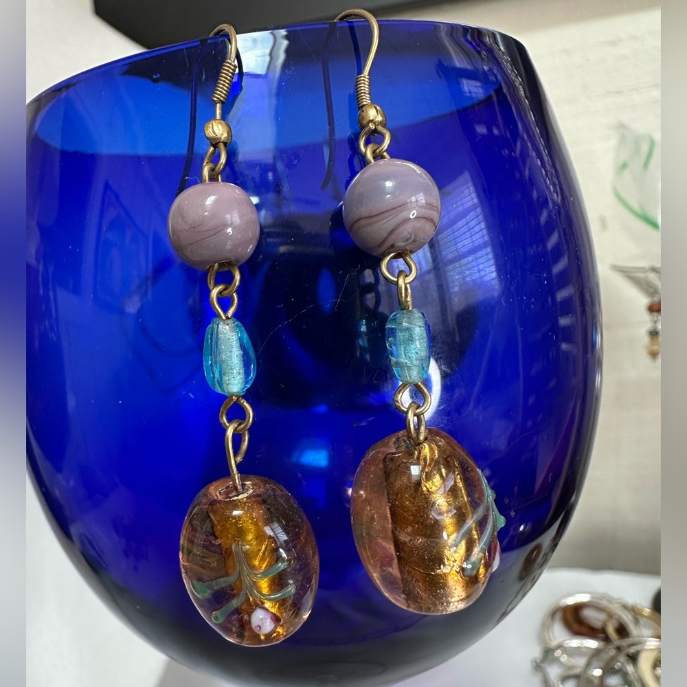 Lampwork glass bead and polished stone earrings